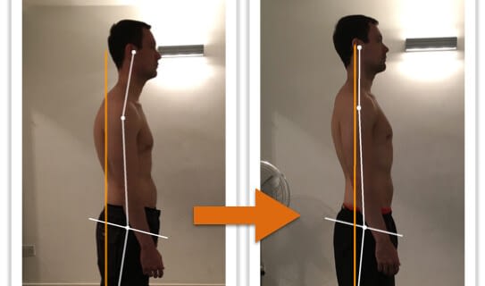 Before and after photos showing amazing improvement of a man's posture from side view after Egoscue Method